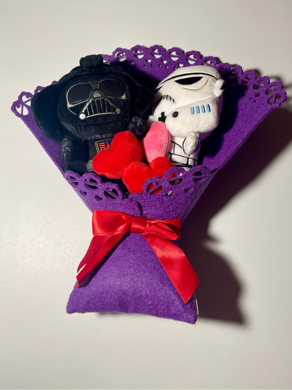 Star Wars Plush Bouquet with Purple Felt Wrap Vader Storm Trooper Art 14”x12”